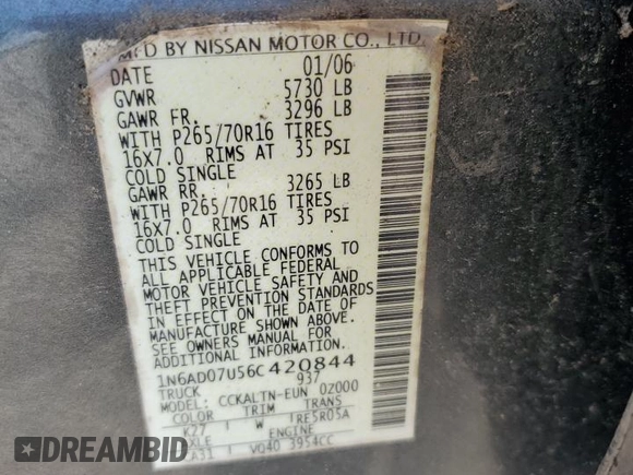 2006 Nissan Frontier SE with VIN 1N6AD07U56C420844, listed as a Copart auction lot 62164785 with 171,842 mi miles and Clean title. Bid and sale history available at DreamBid. Image 13.