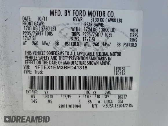 2011 Ford F-150 XL with VIN 1FTEX1EM3BFD41315, listed as a Copart auction lot 49990105 with 282,287 mi miles and Clean Title. Bid and sale history available at carsss.com. Image 12.