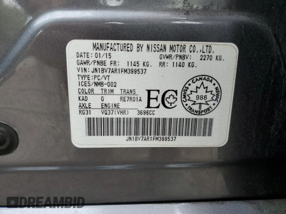 2015 Infiniti Q50 Premium with VIN JN1BV7AR1FM399537, listed as a Copart auction lot 58792395 with 179,391 mi miles and Salvage title. Bid and sale history available at DreamBid. Image 12.