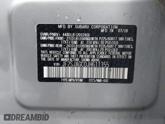 2018 Subaru Forester Premium with VIN JF2SJAGC0JH611355, listed as a IAAI auction lot 42062683 with 111,109 mi miles. Bid and sale history available at carsss.com. Image 9.