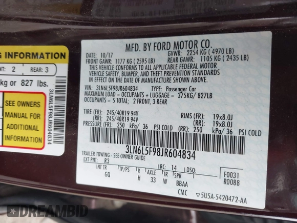 2018 Lincoln MKZ Reserve with VIN 3LN6L5F98JR604834, listed as a IAAI auction lot 42453174 with 118,112 mi miles and . Bid and sale history available at DreamBid. Image 9.