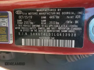 2020 Kia Optima LX with VIN 5XXGT4L31LG413938, listed as a Copart auction lot 84151284 with Not provided miles and Salvage title. Bid and sale history available at DreamBid. Image 13.