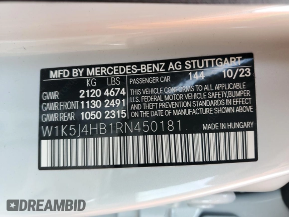 2024 Mercedes-Benz CLA 250 with VIN W1K5J4HB1RN450181, listed as a Copart auction lot 50052825 with 5,297 mi miles and Salvage title. Bid and sale history available at DreamBid. Image 13.