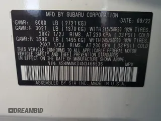 2022 Subaru Ascent Limited с VIN 4S4WMAKD4N3466536, выставлен на аукционе Copart как лот 57066005 с пробегом 100 208 миль миль и Чистый • Clean title. История ставок и продаж доступна на DreamBid. Изображение 13.