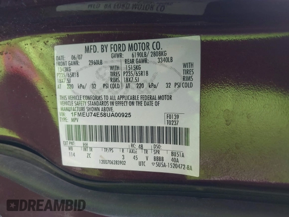 2008 Ford Explorer Eddie Bauer с VIN 1FMEU74E58UA00925, выставлен на аукционе IAAI как лот 42188683 с пробегом 208 692 миль миль и . История ставок и продаж доступна на DreamBid. Изображение 9.