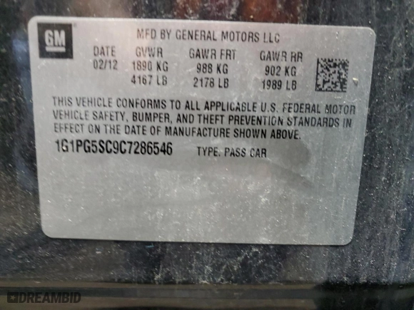 2012 Chevrolet Cruze LT w/2LT with VIN 1G1PG5SC9C7286546, listed as a Copart auction lot 71460244 with NaN miles and Clean Title. Bid and sale history available at carsss.com. Image 12.