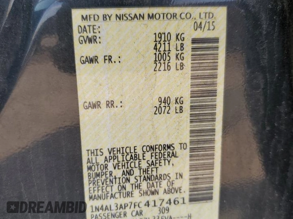 2015 Nissan Altima SL with VIN 1N4AL3AP7FC417461, listed as a Copart auction lot 60307375 with 171,125 mi miles and Salvage title. Bid and sale history available at DreamBid. Image 12.