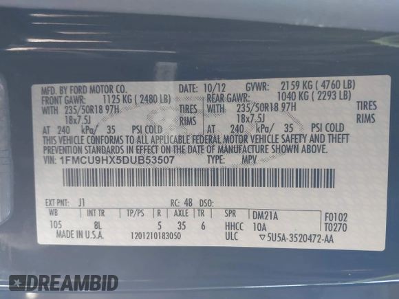 2013 Ford Escape SEL with VIN 1FMCU9HX5DUB53507, listed as a IAAI auction lot 41430216 with 106,643 mi miles. Bid and sale history available at carsss.com. Image 9.