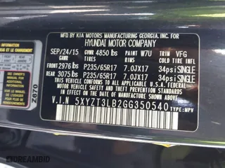 2016 Hyundai Santa Fe Sport with VIN 5XYZT3LB2GG350540, listed as a IAAI auction lot 41421201 with 227,924 mi miles. Bid and sale history available at carsss.com. Image 9.