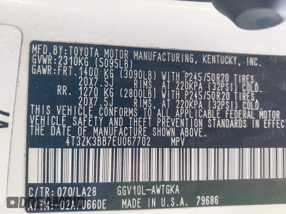 2014 Toyota Venza LE with VIN 4T3ZK3BB7EU067702, listed as a IAAI auction lot 42017574 with 121,952 mi miles and . Bid and sale history available at DreamBid. Image 9.