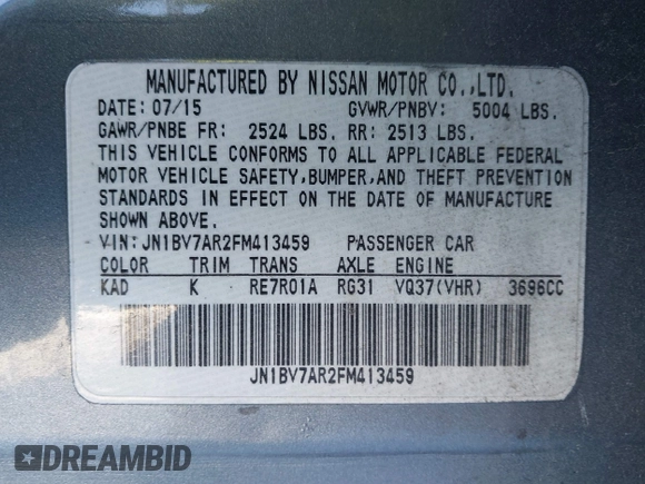 2015 Infiniti Q50 Sport with VIN JN1BV7AR2FM413459, listed as a IAAI auction lot 41466291 with 127,541 mi miles and . Bid and sale history available at DreamBid. Image 9.