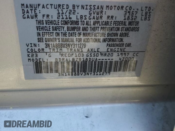 2022 Nissan Sentra S with VIN 3N1AB8BV3NY311279, listed as a Copart auction lot 50554015 with 65,622 mi miles and Salvage Title. Bid and sale history available at carsss.com. Image 14.