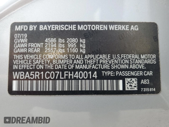 2020 BMW 3 Series 330i with VIN WBA5R1C07LFH40014, listed as a Copart auction lot 60656645 with 76,392 mi miles and Clean title. Bid and sale history available at DreamBid. Image 12.