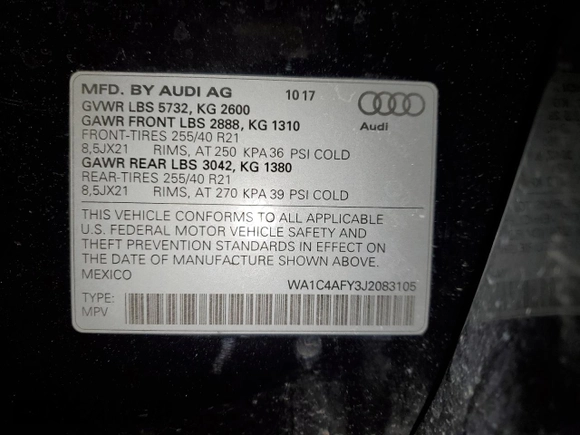 2018 Audi SQ5 Prestige with VIN WA1C4AFY3J2083105, listed as a Copart auction lot 37933474 with 58,064 mi miles and . Bid and sale history available at DreamBid. Image 12.