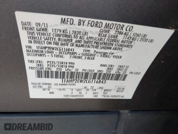 2012 Ford Taurus SEL with VIN 1FAHP2EW2CG116843, listed as a IAAI auction lot 41962871 with 223,600 mi miles and . Bid and sale history available at DreamBid. Image 9.