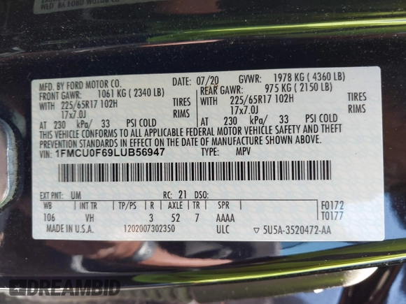 2020 Ford Escape S z VIN 1FMCU0F69LUB56947, wystawiony jako IAAI lot #42553612 z przebiegiem 61 382 mil mil oraz . Historia ofert i sprzedaży dostępna na DreamBid. Obrazek 9.
