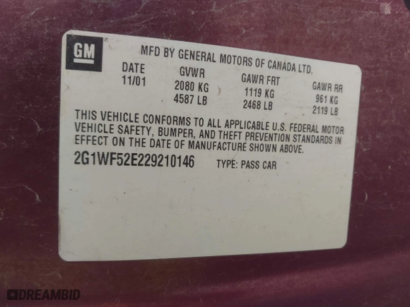 2002 Chevrolet Impala with VIN 2G1WF52E229210146, listed as a IAAI auction lot 41616290 with 1 mi miles. Bid and sale history available at carsss.com. Image 9.