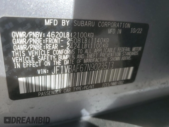 2022 Subaru WRX Premium with VIN JF1VBAF67N9023513, listed as a Copart auction lot 46954125 with 15,585 mi miles and Salvage Title. Bid and sale history available at carsss.com. Image 12.
