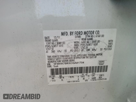 2012 Ford Explorer with VIN 1FMHK7B8XCGA81704, listed as a Copart auction lot 54900595 with 212,565 mi miles and Salvage title. Bid and sale history available at DreamBid. Image 13.