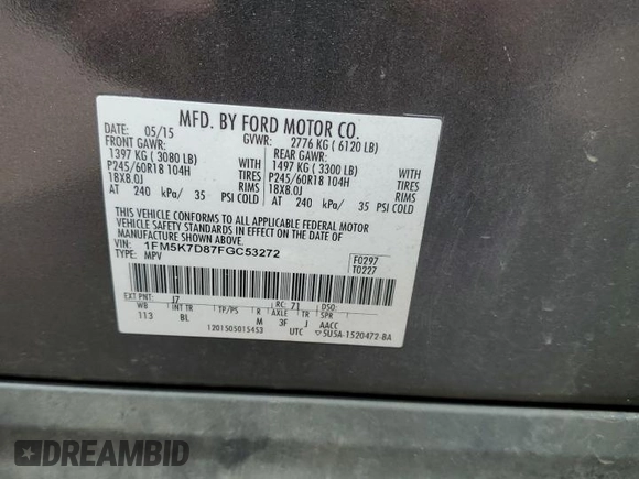 2015 Ford Explorer XLT with VIN 1FM5K7D87FGC53272, listed as a Copart auction lot 53465955 with 180,210 mi miles and Salvage Title. Bid and sale history available at DreamBid. Image 13.