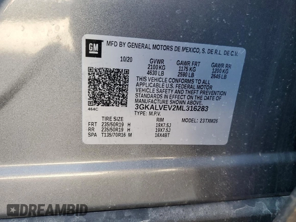 2021 GMC Terrain SLT with VIN 3GKALVEV2ML316283, listed as a Copart auction lot 49054425 with 73,626 mi miles and Non Repairable. Bid and sale history available at DreamBid. Image 13.