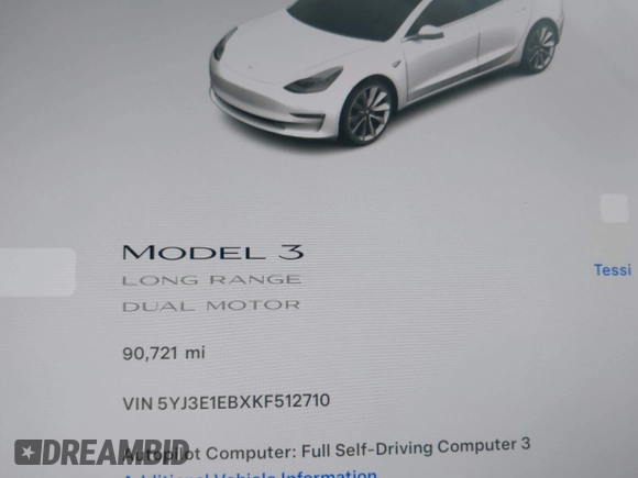 2019 Tesla Model 3 Long Range with VIN 5YJ3E1EBXKF512710, listed as a IAAI auction lot 42063737 with 90,721 mi miles and . Bid and sale history available at DreamBid. Image 7.