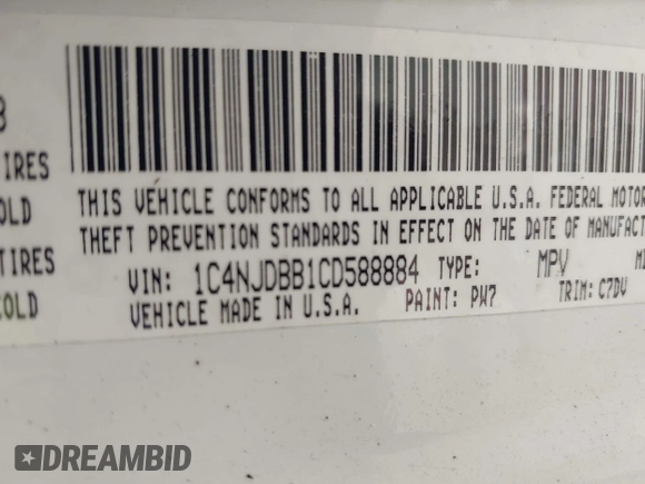 2012 Jeep Compass Sport with VIN 1C4NJDBB1CD588884, listed as a IAAI auction lot 41918765 with 199,008 mi miles. Bid and sale history available at carsss.com. Image 9.