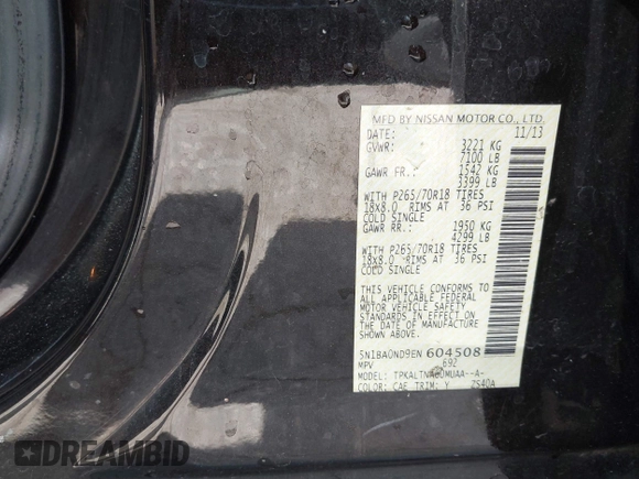 2014 Nissan Armada SV z VIN 5N1BA0ND9EN604508, wystawiony jako IAAI lot #42159309 z przebiegiem 180 231 mil mil oraz . Historia ofert i sprzedaży dostępna na DreamBid. Obrazek 9.