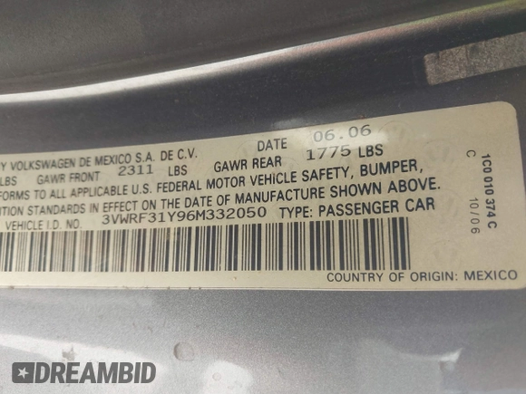 2006 Volkswagen Beetle z VIN 3VWRF31Y96M332050, wystawiony jako IAAI lot #41232267 z przebiegiem 83 450 mil mil oraz . Historia ofert i sprzedaży dostępna na DreamBid. Obrazek 9.