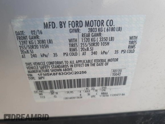 2016 Ford Explorer Limited with VIN 1FM5K8F83GGC20256, listed as a Copart auction lot 51901575 with 85,738 mi miles and Salvage Title. Bid and sale history available at DreamBid. Image 13.