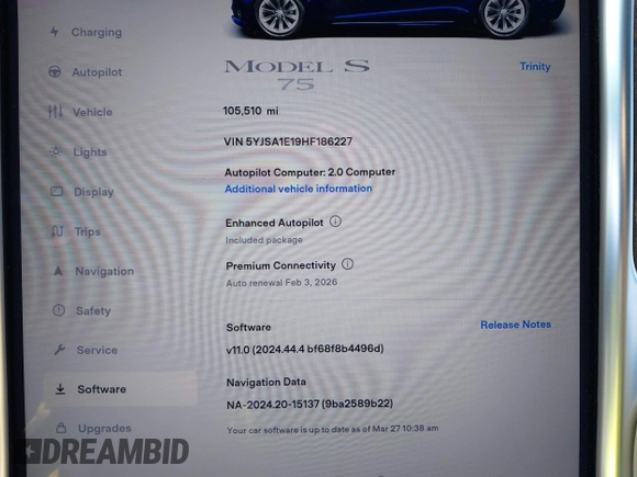 2017 Tesla Model S 60 with VIN 5YJSA1E19HF186227, listed as a IAAI auction lot 41888015 with 105,510 mi miles and . Bid and sale history available at DreamBid. Image 19.
