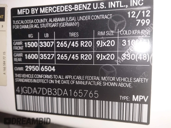2013 Mercedes-Benz M 550 with VIN 4JGDA7DB3DA165765, listed as a IAAI auction lot 42323988 with 96,344 mi miles and . Bid and sale history available at DreamBid. Image 9.