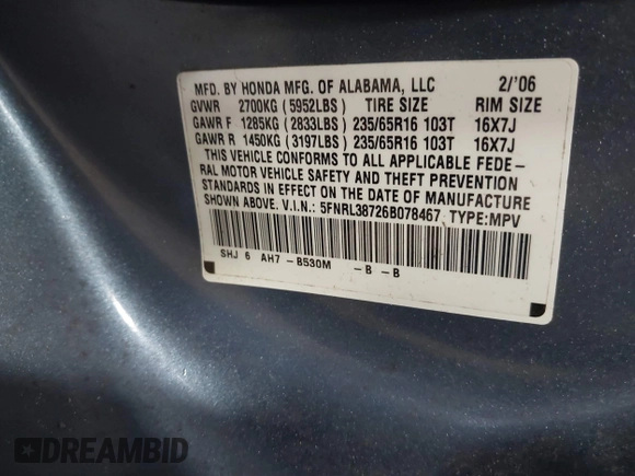 2006 Honda Odyssey EX-L with VIN 5FNRL38726B078467, listed as a IAAI auction lot 41874268 with 178,580 mi miles and . Bid and sale history available at DreamBid. Image 9.