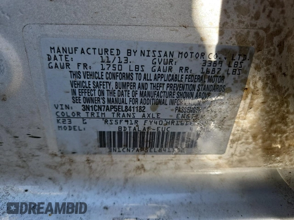 2014 Nissan Versa SV with VIN 3N1CN7AP5EL841182, listed as a Copart auction lot 52396185 with 118,460 mi miles and Salvage Title. Bid and sale history available at DreamBid. Image 12.