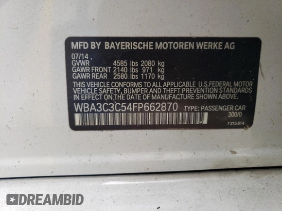 2015 BMW 3 Series 320i xDrive with VIN WBA3C3C54FP662870, listed as a Copart auction lot 59716875 with 98,077 mi miles and Clean title. Bid and sale history available at DreamBid. Image 12.
