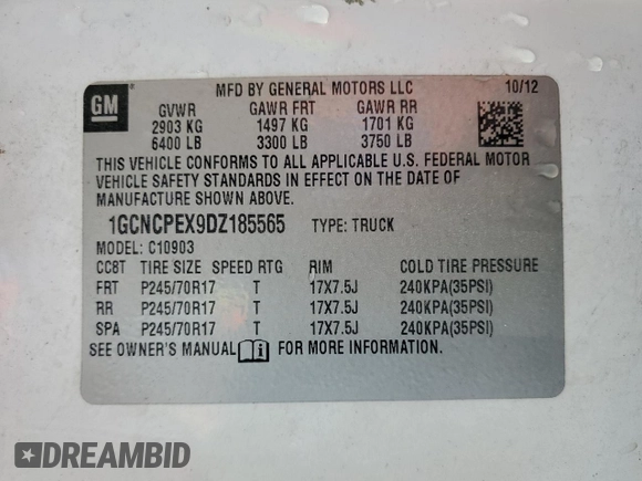 2013 Chevrolet Silverado 1500 Work Truck with VIN 1GCNCPEX9DZ185565, listed as a Copart auction lot 75845484 with 169,609 mi miles and Clean Title. Bid and sale history available at DreamBid. Image 12.