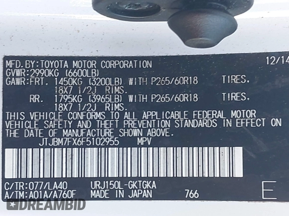 2015 Lexus GX 460 with VIN JTJBM7FX6F5102955, listed as a IAAI auction lot 42549554 with 131,454 mi miles and . Bid and sale history available at DreamBid. Image 9.