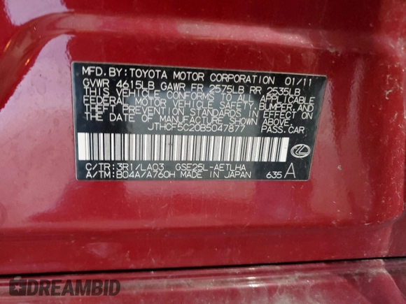 2011 Lexus IS 250 with VIN JTHCF5C20B5047877, listed as a Copart auction lot 50927545 with 189,854 mi miles and Salvage title. Bid and sale history available at DreamBid. Image 12.