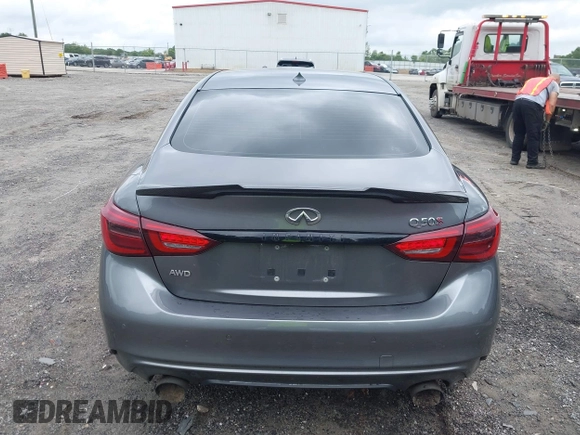 2021 Infiniti Q50 Red Sport 400 with VIN JN1FV7DR2MM880505, listed as a IAAI auction lot 42377058 with 59,618 mi miles and . Bid and sale history available at DreamBid. Image 16.