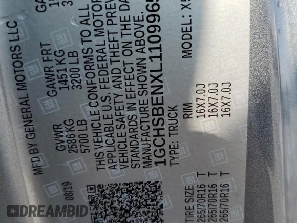 2020 Chevrolet Colorado 2WD Work Truck z VIN 1GCHSBENXL1109965, wystawiony jako Copart lot #43821815 z przebiegiem 57 248 mil mil oraz Szkoda całkowita • Salvage title. Historia ofert i sprzedaży dostępna na DreamBid. Obrazek 12.