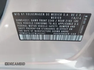2015 Volkswagen Jetta SE with VIN 3VWD07AJ3FM242267, listed as a IAAI auction lot 41500978 with Not provided miles and . Bid and sale history available at DreamBid. Image 9.