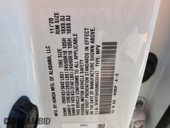 2021 Honda Pilot EX-L z VIN 5FNYF6H55MB038447, wystawiony jako Copart lot #62550255 z przebiegiem 79 877 mil mil oraz Szkoda całkowita • Salvage title. Historia ofert i sprzedaży dostępna na DreamBid. Obrazek 13.
