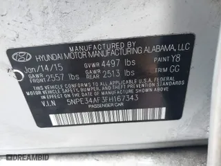 2015 Hyundai Sonata 2.4L Sport with VIN 5NPE34AF3FH167343, listed as a IAAI auction lot 41854584 with 82,853 mi miles. Bid and sale history available at carsss.com. Image 9.