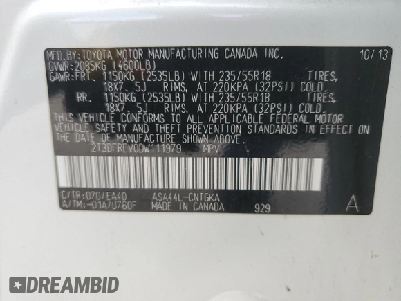 2013 Toyota RAV4 Limited with VIN 2T3DFREV0DW111979, listed as a Copart auction lot 48904115 with 131,078 mi miles and Salvage title. Bid and sale history available at DreamBid. Image 15.