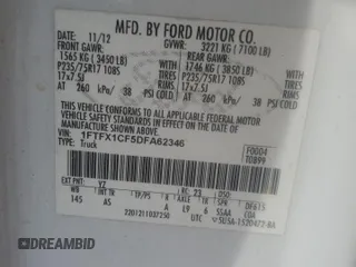 2013 Ford F-150 XL с VIN 1FTFX1CF5DFA62346, выставлен на аукционе Copart как лот 54912125 с пробегом 122 482 миль миль и Списание • Salvage title. История ставок и продаж доступна на DreamBid. Изображение 12.