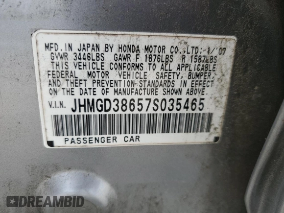 2007 Honda Fit Sport z VIN JHMGD38657S035465, wystawiony jako Copart lot #57635245 z przebiegiem 184 627 mil mil oraz Szkoda całkowita • Salvage title. Historia ofert i sprzedaży dostępna na DreamBid. Obrazek 12.