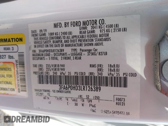 2020 Ford Fusion SE with VIN 3FA6P0HD3LR126389, listed as a IAAI auction lot 42110279 with 51,767 mi miles and . Bid and sale history available at DreamBid. Image 9.