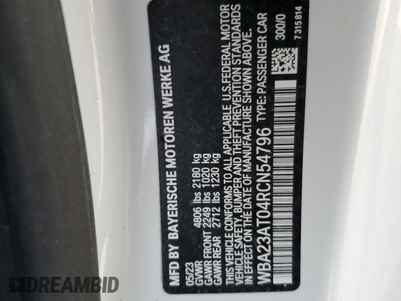 2024 BMW 4 Series 430i z VIN WBA23AT04RCN54796, wystawiony jako Copart lot #87837505 z przebiegiem 24 341 mil mil oraz Szkody całkowita. Historia ofert i sprzedaży dostępna na DreamBid. Obrazek 12.