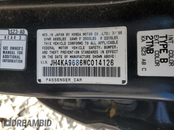 1998 Acura RL Special Edition with VIN JH4KA9686WC014126, listed as a Copart auction lot 83271484 with 0 mi miles and Salvage Title. Bid and sale history available at carsss.com. Image 12.