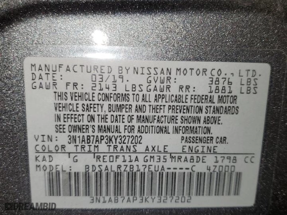 2019 Nissan Sentra SV with VIN 3N1AB7AP3KY327202, listed as a Copart auction lot 79329694 with 59,116 mi miles and Salvage Title. Bid and sale history available at carsss.com. Image 12.